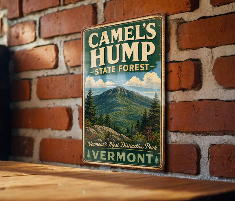 A vintage metal sign for Camel's Hump State Forest in Vermont, featuring a mountain landscape with pine trees and a cloudy sky.