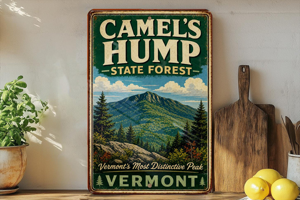 A vintage-style metal sign advertising Camelsump State Forest in Vermont, featuring a mountain landscape and pine trees.