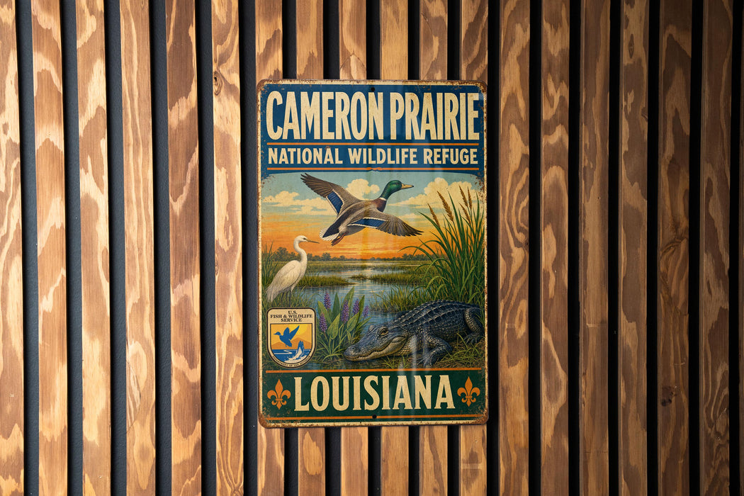 A vintage metal sign for the Cameron Prairie National Wildlife Refuge in Louisiana, featuring an illustration of ducks and alligators in a grassy landscape.