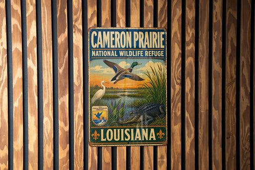 A vintage metal sign for the Cameron Prairie National Wildlife Refuge in Louisiana, featuring an illustration of ducks and alligators in a grassy landscape.