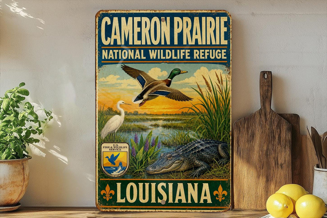 a vintage-style sign for the Cameron Prairie National Wildlife Refuge in Louisiana, depicting various wildlife species such as ducks, all set against a scenic landscape.