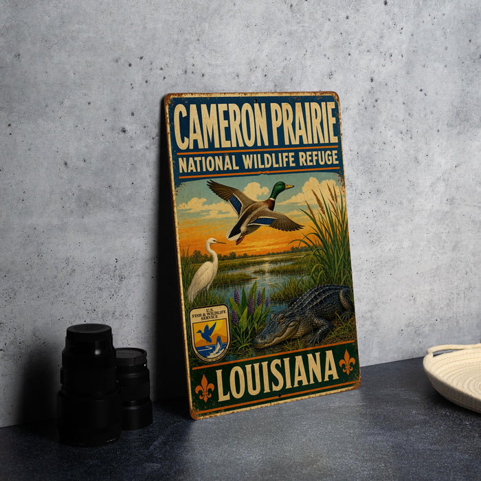 A vintage-style sign for the Cameron Prairie National Wildlife Refuge in Louisiana, featuring illustrations of ducks, alligators, and other wildlife in a natural setting.