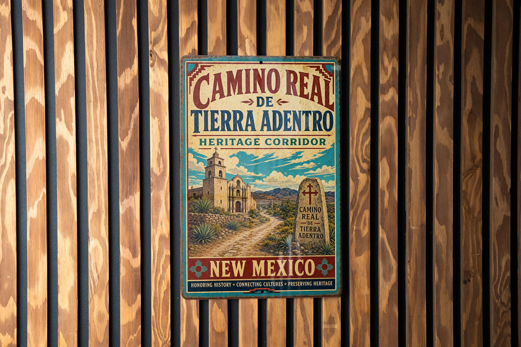 a vintage-style metal sign with a colorful illustration of a Mexican landmark, hanging on a wooden wall.