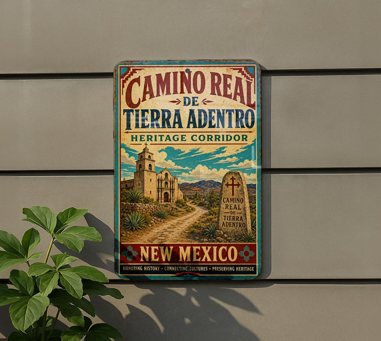 A vintage-style metal sign with a colorful illustration of a desert landscape, featuring a building and a cross, mounted on a wall.