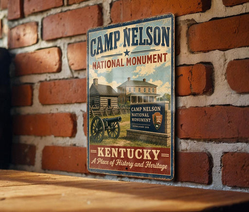 A vintage-style metal sign for the Camp Nelson National Monument in Kentucky, featuring an illustration of a log cabin and a cannon, mounted on a brick wall.