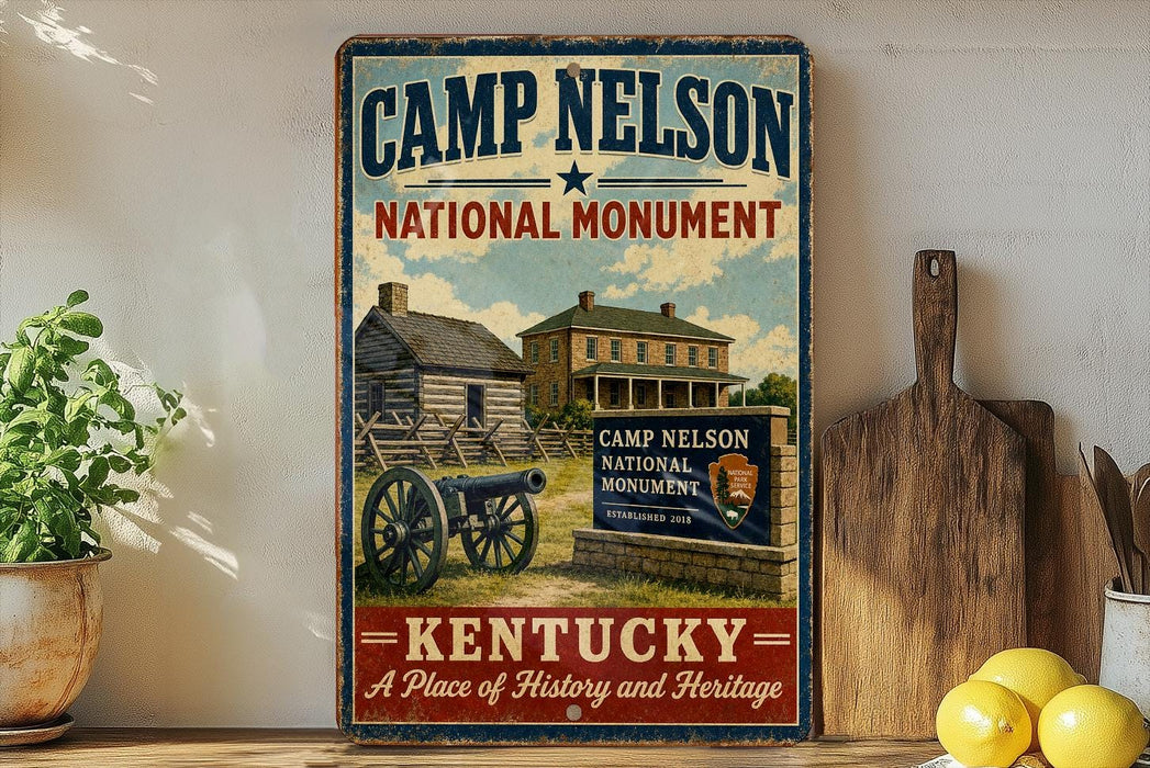A vintage-style sign for the Camp Nelson National Monument in Kentucky, featuring a cabin and cannon, with a wooden paddle and lemons on a shelf in the foreground.