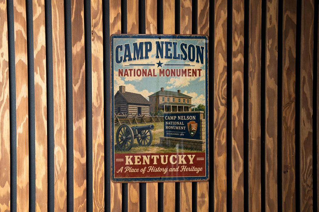 A vintage metal sign for the Camp Nelson National Monument in Kentucky, featuring an illustration of a log cabin and a wagon, mounted on a wooden wall.