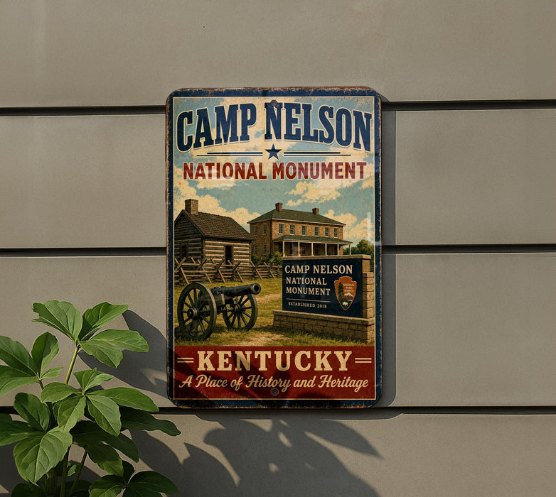 A vintage-style metal sign for the Camp Nelson National Monument in Kentucky, featuring a cannon and a wooden cabin, mounted on a gray wall.