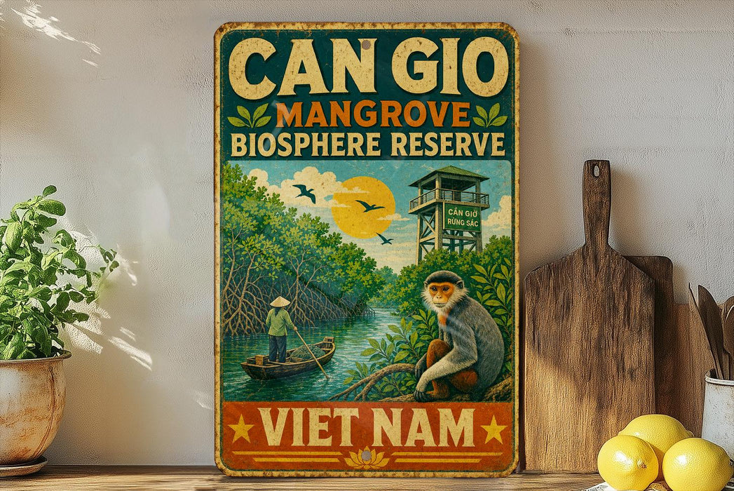 a vintage-style sign for the Can Gio Mangrove Bioscape Reserve in Vietnam, with a monkey and a boat in the background.