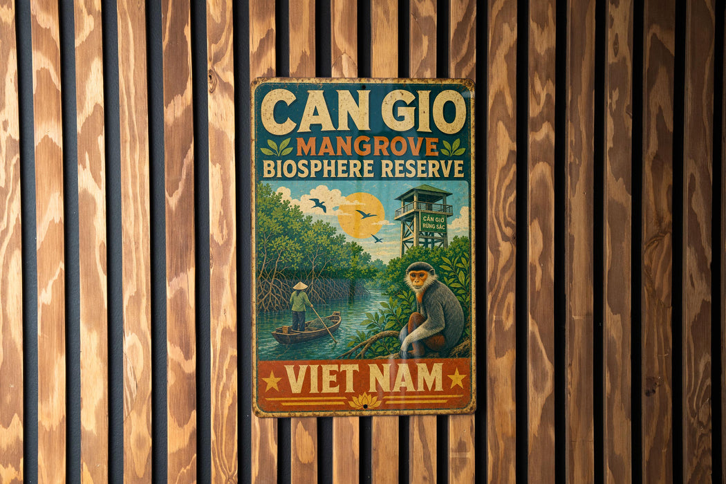 a vintage-style metal sign with a tropical scene, including a boat, a person, and a bird, hanging on a wooden wall.