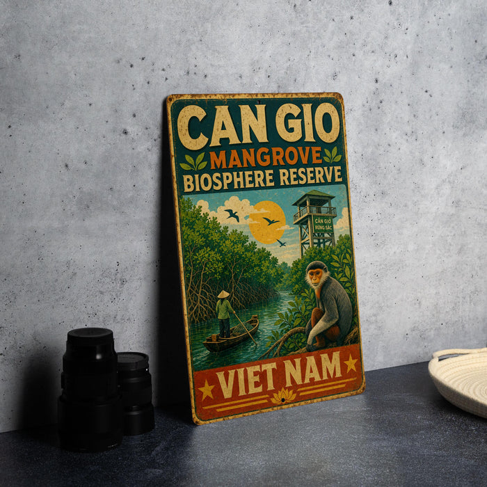 a vintage-style sign for the Mangrove Biosphere Reserve in Vietnam, with a painting of a man in a boat on the water.
