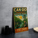 a vintage-style sign for the Mangrove Biosphere Reserve in Vietnam, with a painting of a man in a boat on the water.