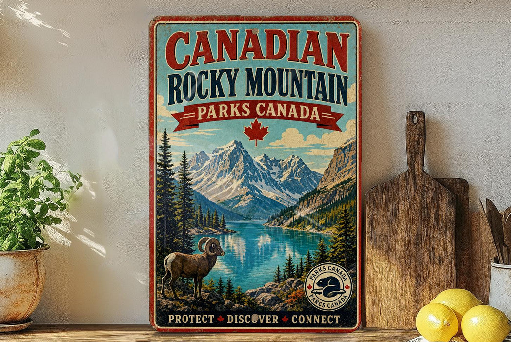A vintage-style sign for Canadian Rocky Mountain Parks Canada, featuring a mountain landscape with a bighorn sheep, a lake, and pine trees.