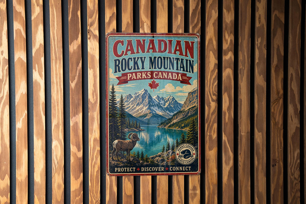 A vintage-style metal sign for Canadian Rocky Mountain Parks Canada, featuring a mountain landscape with a river and a bighorn sheep, mounted on a wooden wall.