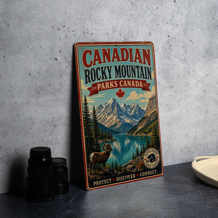 A vintage Canadian Rockies Park sign is displayed on a gray wall, featuring a mountain landscape with a lake and a bighorn sheep.