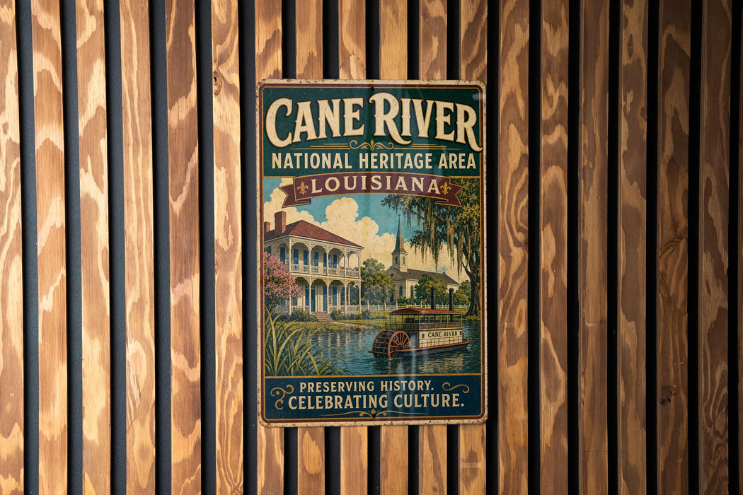 A vintage-style metal sign for the Cane River National Heritage Area in Louisiana, featuring a building and palm trees, is displayed on a wooden wall.