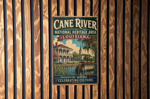 A vintage-style metal sign for the Cane River National Heritage Area in Louisiana, featuring a building and palm trees, is displayed on a wooden wall.