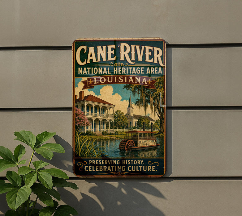A vintage-style sign for the Cane River National Heritage Area in Louisiana, featuring a building and a boat on the water.