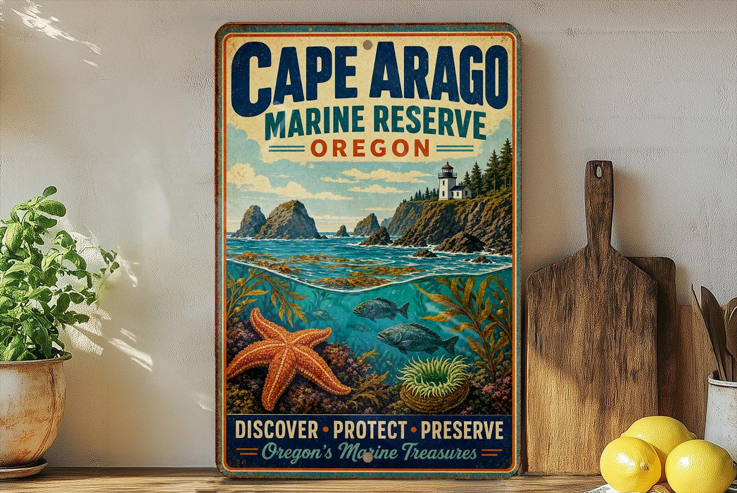 a vintage-style metal sign for Cape Arago Marine Reserve, Oregon, with a lighthouse and ocean scene depicted on it. The sign is displayed on a shelf next to a wooden cutting board and a potted plant.