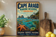 a vintage-style metal sign for Cape Arago Marine Reserve, Oregon, with a lighthouse and ocean scene depicted on it. The sign is displayed on a shelf next to a wooden cutting board and a potted plant.