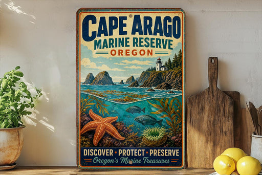 a vintage-style metal sign for Cape Arago Marine Reserve, Oregon, with a lighthouse and ocean scene depicted on it. The sign is displayed on a shelf next to a wooden cutting board and a potted plant.