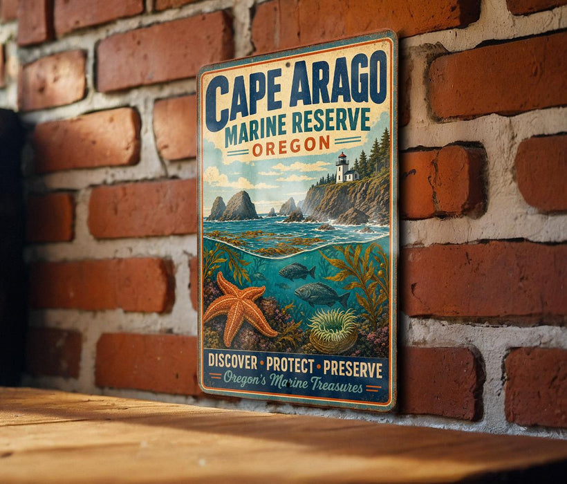 A vintage-style metal sign for Cape Arago Marine Reserve, Oregon, featuring a coastal landscape with a lighthouse, ocean, and marine life.