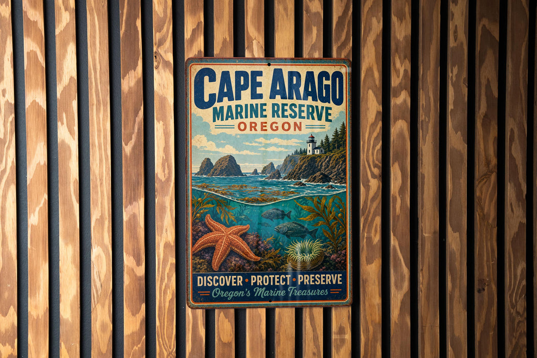 A metal sign for Cape Arago Marine Reserve, Oregon, featuring a scenic illustration of the ocean, mountains, and marine life.