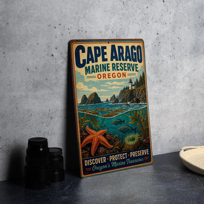 A vintage-style sign for the Cape Arago Marine Reserve in Oregon, featuring illustrations of the ocean, lighthouse, and marine life.