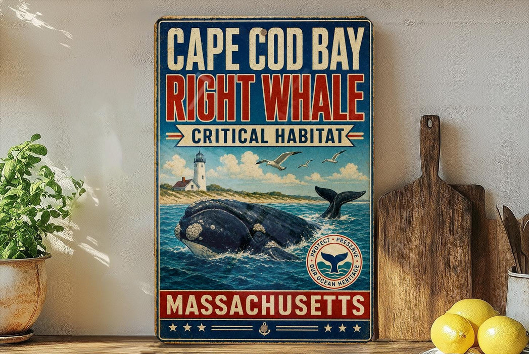 A vintage-style sign for Cape Cod Bay, Massachusetts, featuring a whale and a lighthouse, with the text "Cape Cod Bay Right Whale Critical Habitat" and "Massachusetts" at the bottom.