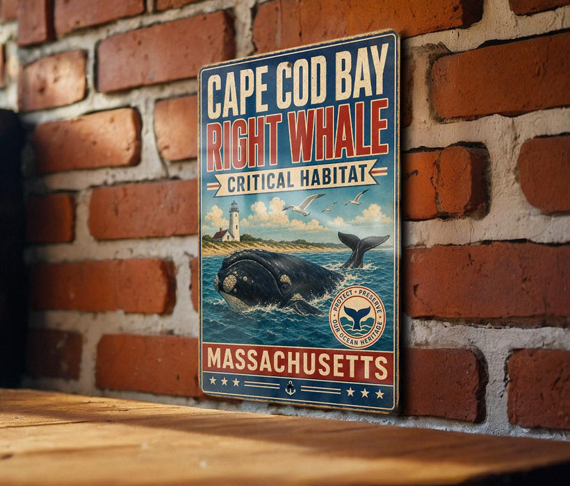 A vintage-style metal sign with the text "Cape Cod Bay Right Whale Critical Habitat" and "Massachusetts" printed on it, mounted on a brick wall.