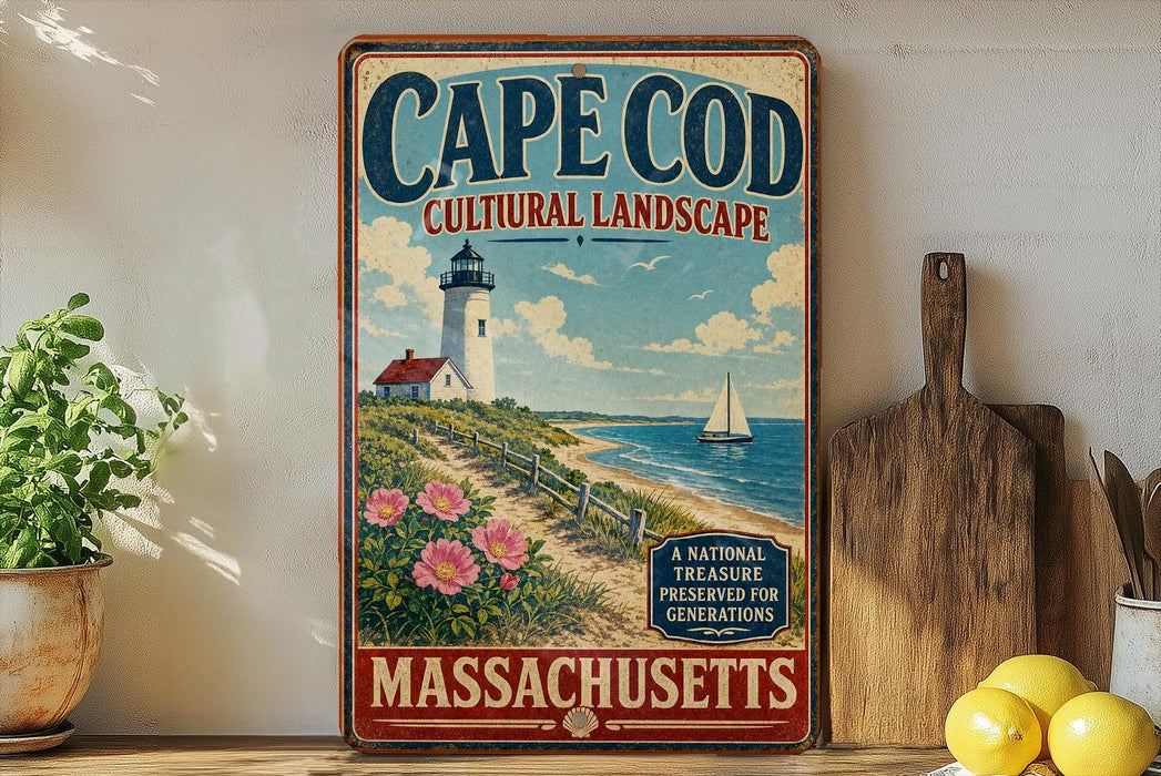 A vintage-style metal sign for Cape Cod, Massachusetts, featuring a lighthouse, flowers, and a sailboat on the water.