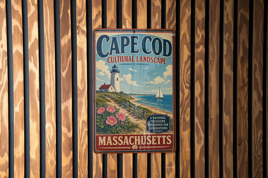 A vintage metal sign for Cape Cod, Massachusetts, featuring a lighthouse and a beach scene.