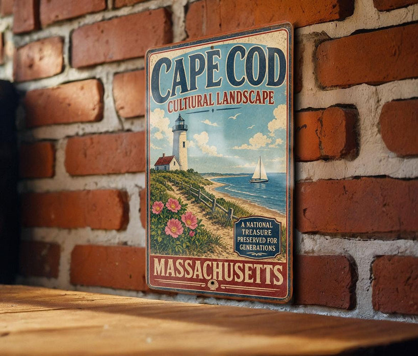 A vintage metal sign for Cape Cod, Massachusetts, featuring a lighthouse and a beach scene.