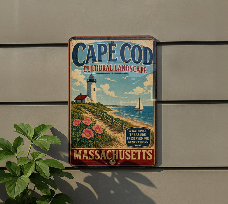 A vintage-style sign for Cape Cod, Massachusetts, featuring a lighthouse and a coastal landscape.