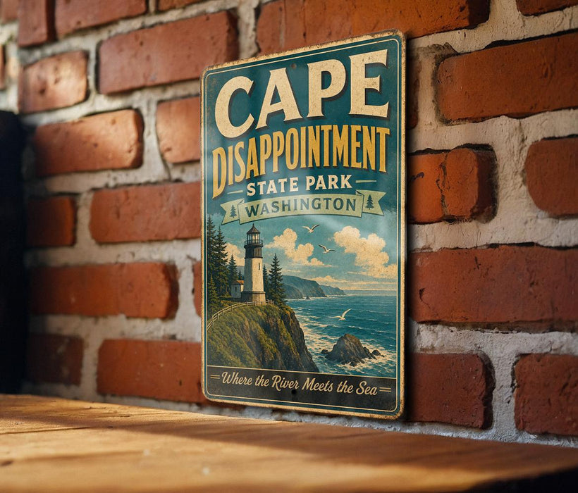 A vintage-style metal sign with the text "CAPE DISAPPOINTMENT STATE PARK WASHINGTON" and an illustration of a lighthouse on a cliff overlooking the ocean.