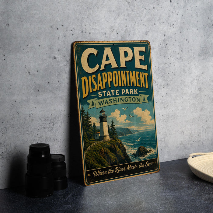 A vintage-style sign for Cape Disappointment State Park in Washington, featuring a lighthouse and a coastal landscape.
