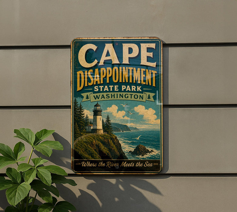 A vintage metal sign for Cape Disappointment State Park in Washington, featuring a lighthouse and a coastal landscape.