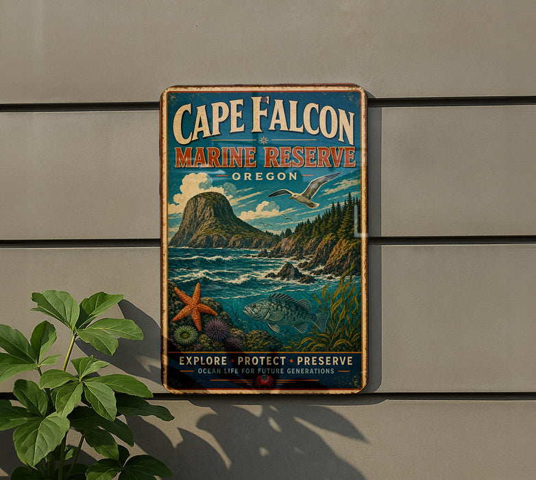 A vintage metal sign for Cape Falcon Marine Reserve in Oregon, featuring a scenic illustration of a rocky coastline, ocean, and marine life.