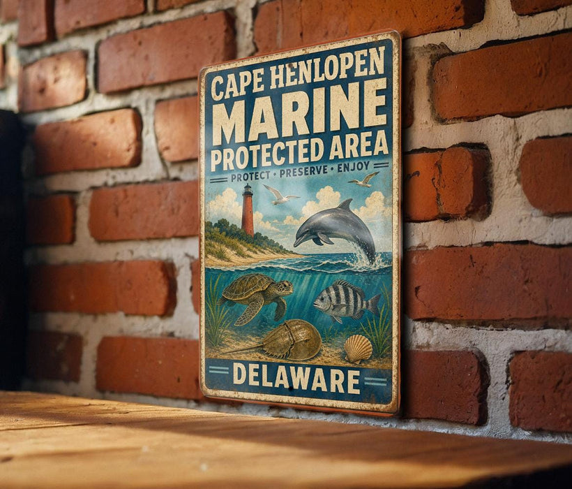 A vintage metal sign with the text "Cape Henlopen Marine Protected Area" and illustrations of marine life, including a lighthouse, a dolphin, and a turtle, is displayed on a brick wall.