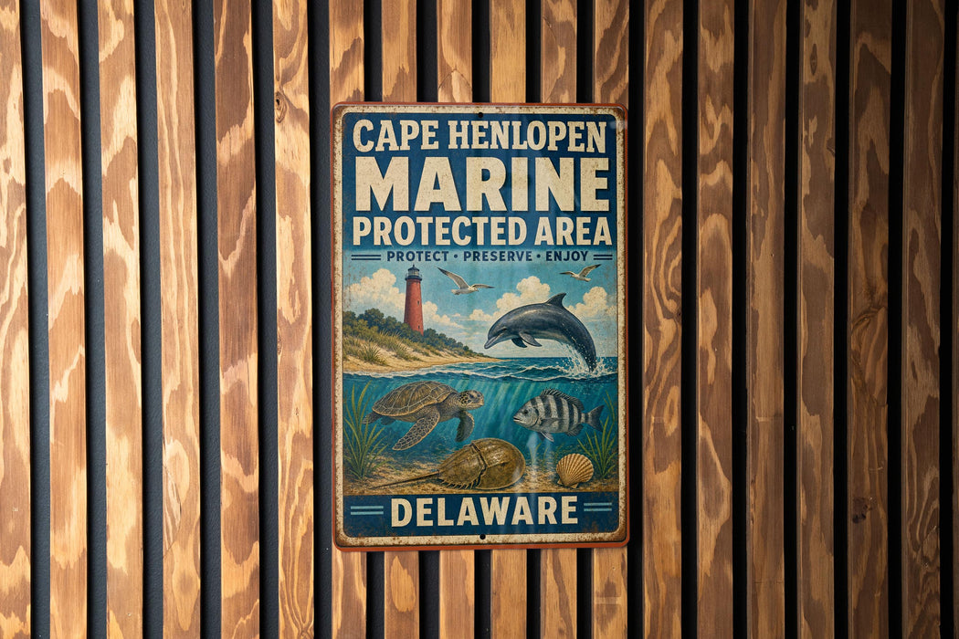 A metal sign with the text "Cape Henlopen Marine protected area" and illustrations of marine life, including a lighthouse, a dolphin, and various sea creatures, is displayed on a wooden wall.