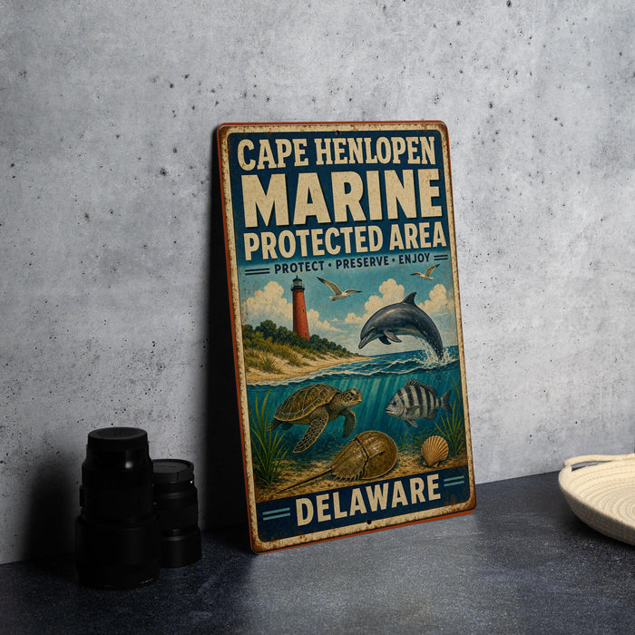A vintage metal sign for Cape Henlopen Marine Preserve in Delaware, featuring illustrations of marine life and a lighthouse.