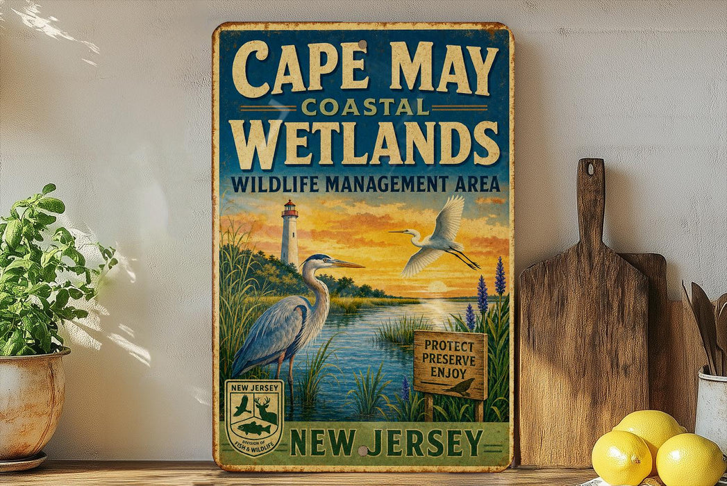 A vintage-style sign for Cape May Coastal Wetlands, New Jersey, featuring a seagull, lighthouse, and a sunset landscape.