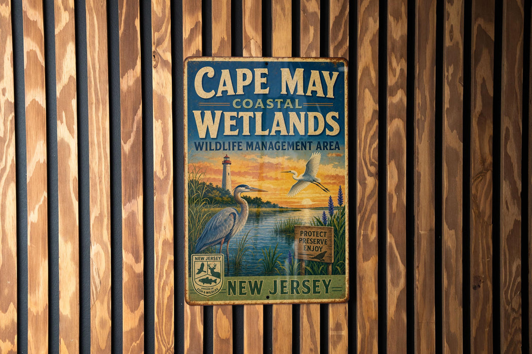 A vintage-style metal sign for Cape May Coastal Wetlands, New Jersey, featuring an illustration of a bird and a lighthouse.