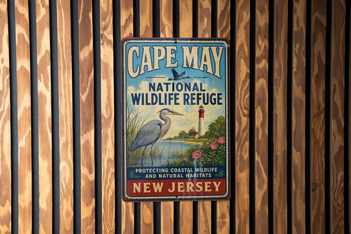 A vintage metal sign for Cape May National Wildlife Refuge, featuring a blue heron and a lighthouse, is displayed on a wooden fence.
