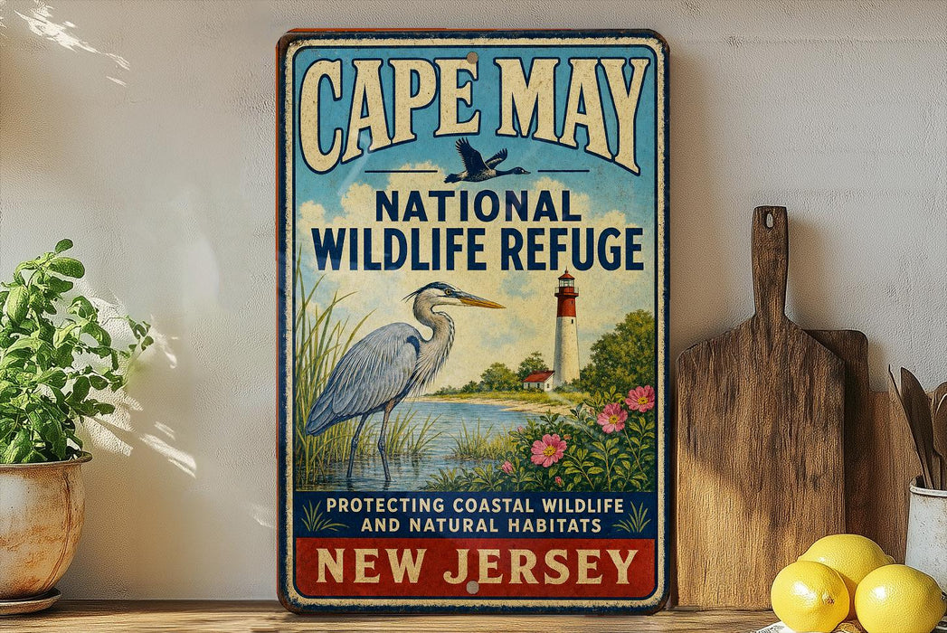 A vintage-style metal sign for Cape May National Wildlife Refuge, featuring a blue heron and a lighthouse, is displayed on a shelf next to a wooden cutting board and some lemons.