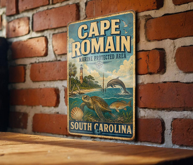 A vintage metal sign for Cape Romain, a marine protected area in South Carolina, featuring a lighthouse, turtle, and fish.