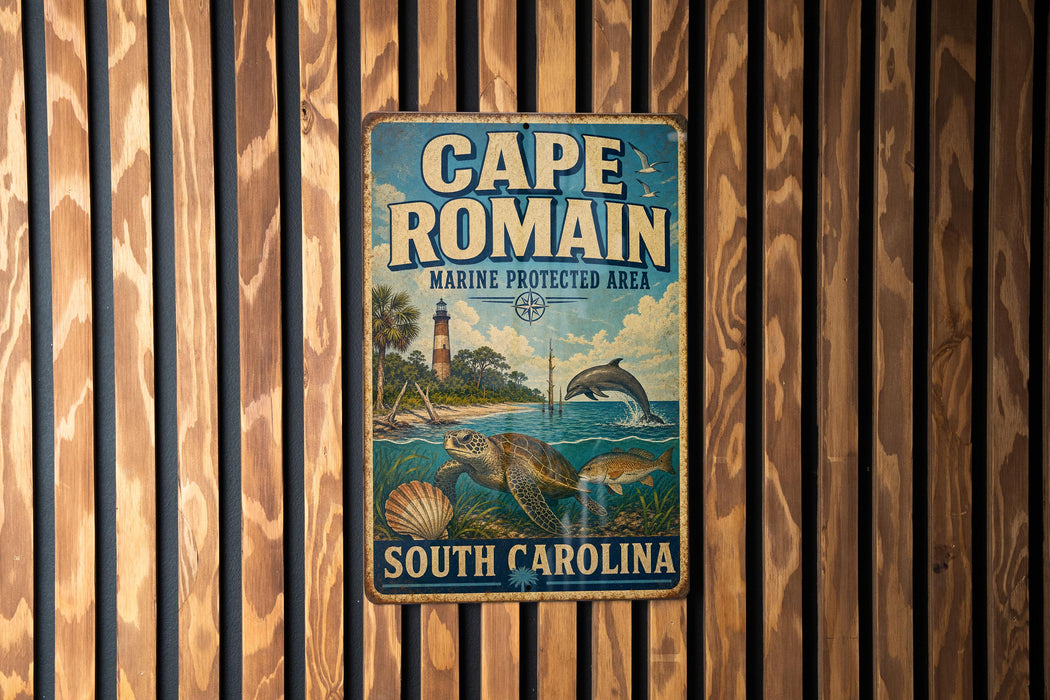 A vintage metal sign for Cape Romain, a marine protected area in South Carolina, featuring a lighthouse and marine life.