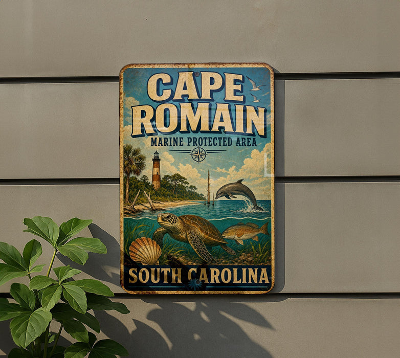 A vintage metal sign for Cape Romain, a protected marine area in South Carolina, featuring a lighthouse, turtle, and fish.