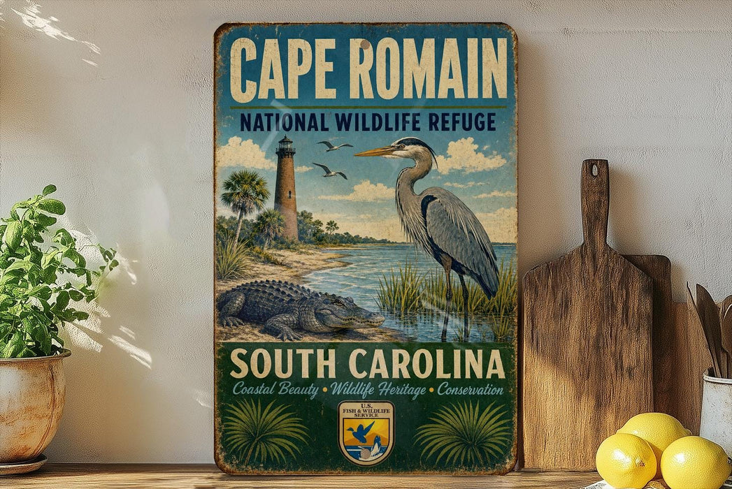 a vintage-style sign for the Cape Romain National Wildlife Refuge in South Carolina, with a coastal scene and a large bird.
