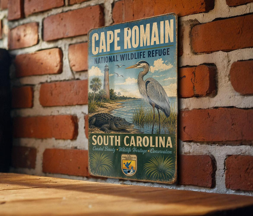A vintage-style sign for the Cape Romain National Wildlife Refuge in South Carolina, featuring an illustration of a crane and a lighthouse.
